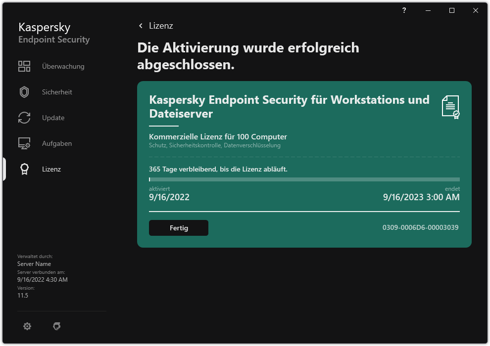 Das Fenster enthält Informationen über die Lizenz: Ablaufdatum, verfügbare Funktionen und andere Informationen.