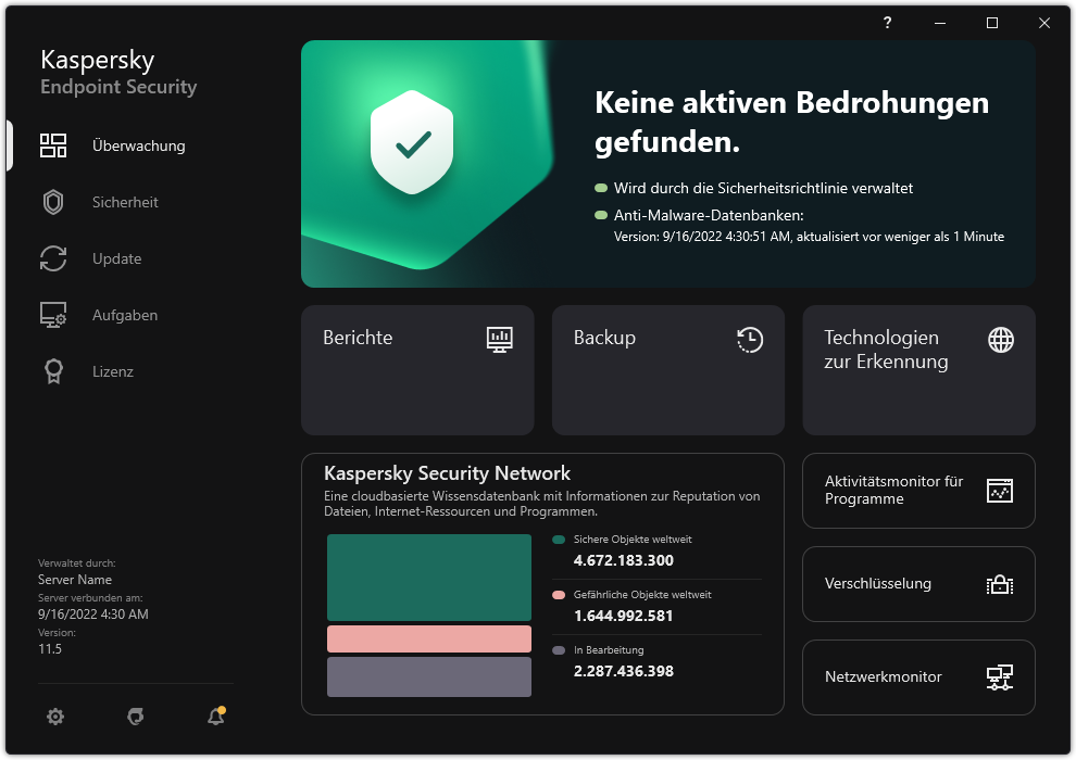 Das App-Hauptfenster enthält Abschnitte zur Überwachung der Computersicherheit und zur Verwaltung der App.