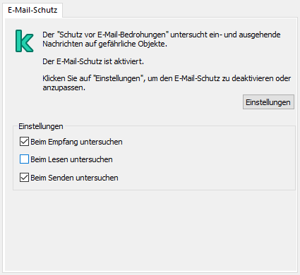 Kaspersky-Erweiterung für das Outlook-Fenster. Der Benutzer kann festlegen, dass Nachrichten beim Empfang, Lesen oder Senden untersucht werden.