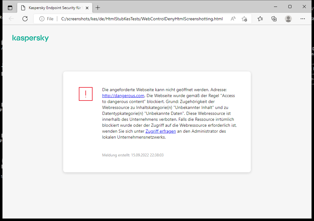 Kaspersky-Benachrichtigung: Blockieren des Zugriffs auf die Webseite im Browserfenster. Der Benutzer kann eine Zugriffsanfrage für die Webressource erstellen.