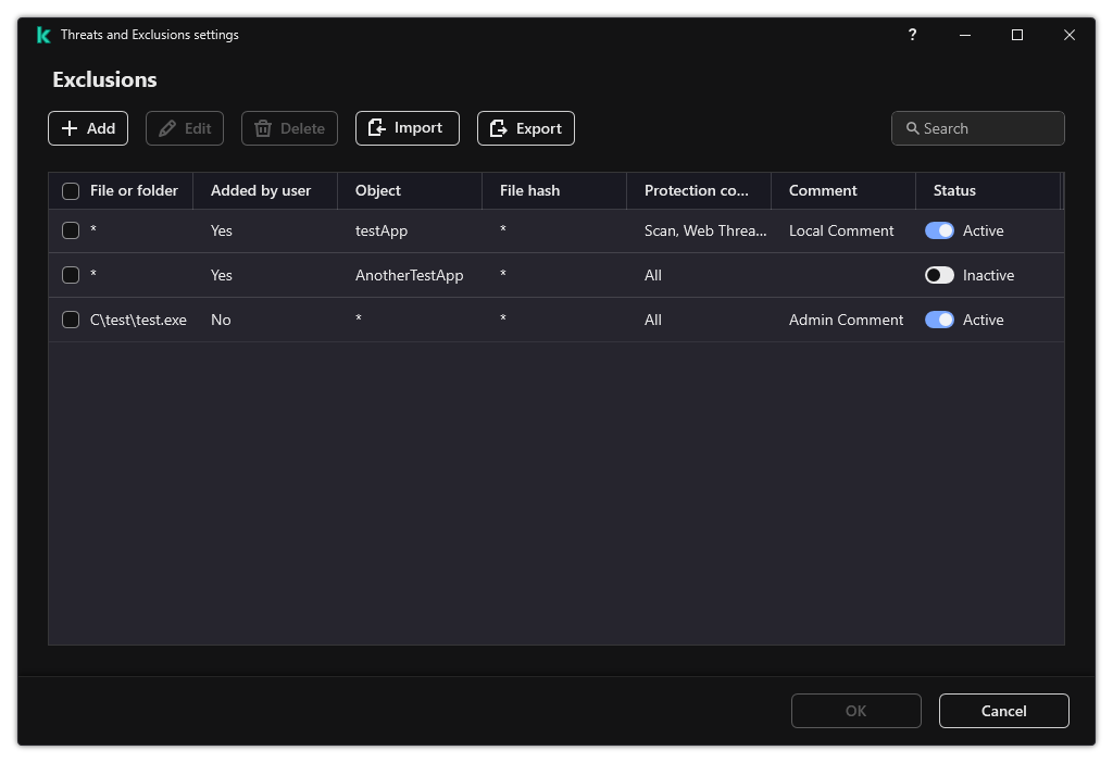 A window with the list of exclusions. Exclusion properties are displayed. The user can add, edit or delete exclusions.