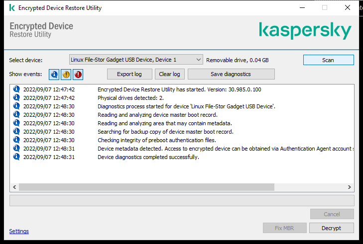 A window with the list of utility events. The user can run diagnostics and decrypt the selected device.