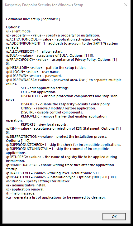 Tooltip window describing the command options to install the application via CMD.