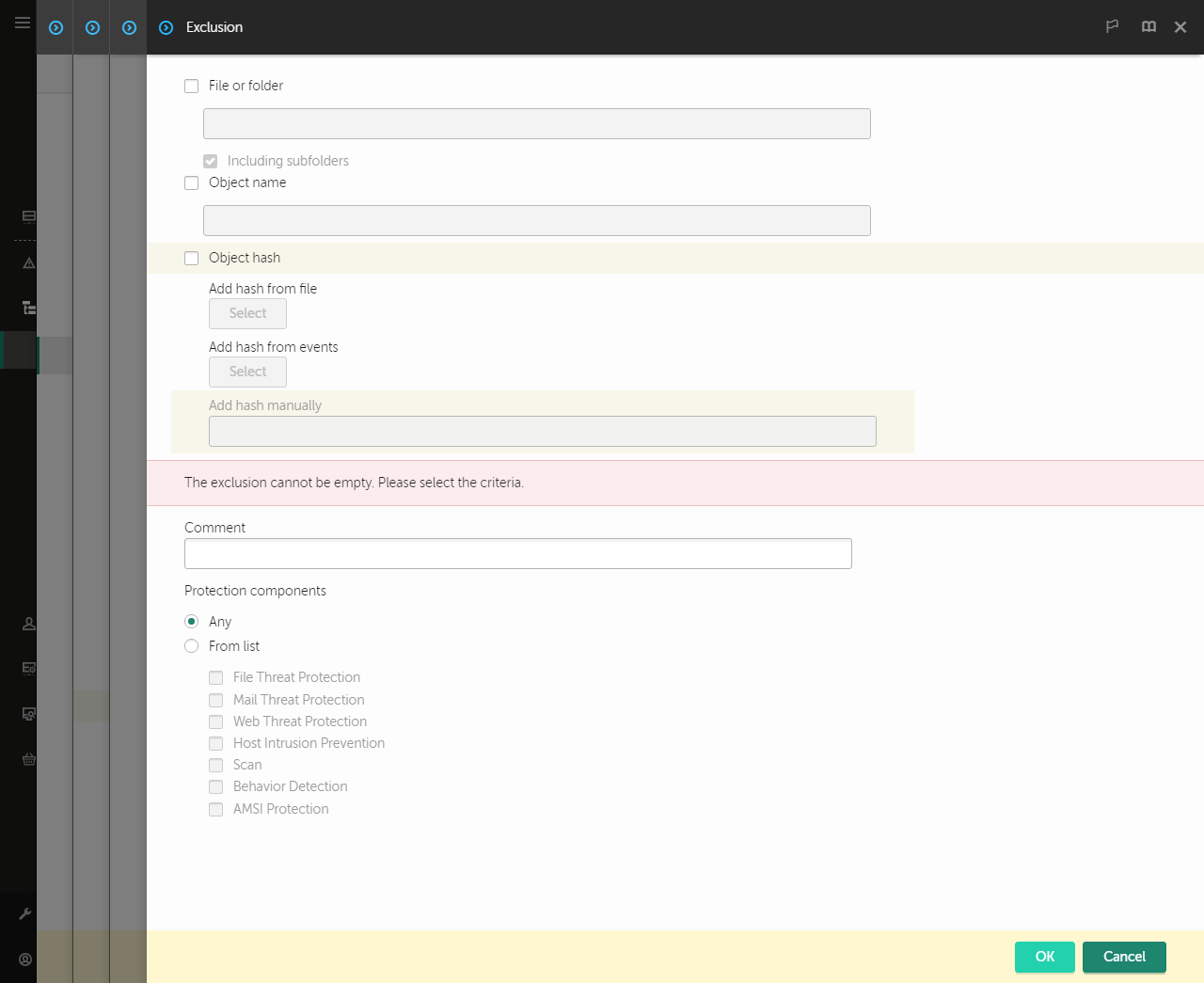 A window with exclusion selection tools. The user can select file or folder, enter an object name or hash.