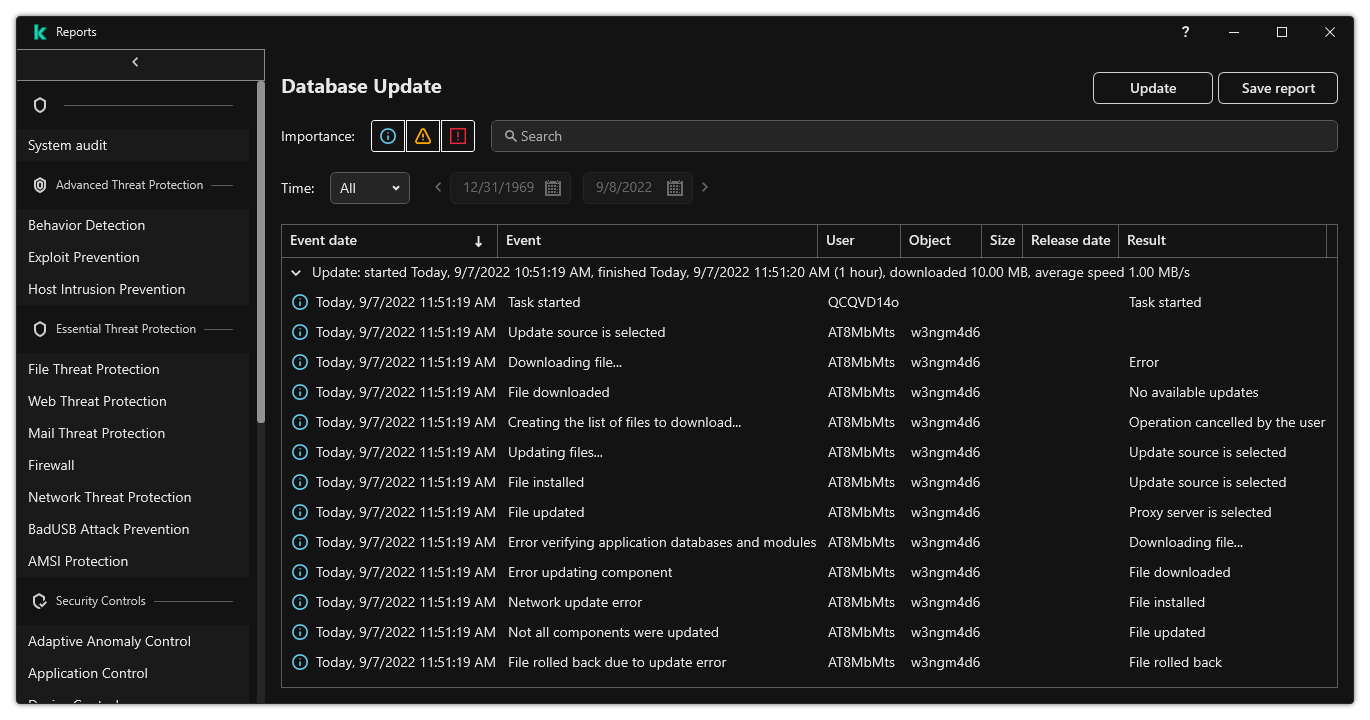 A window with the list of events in the report. The user can filter/sort events and save reports to a file.