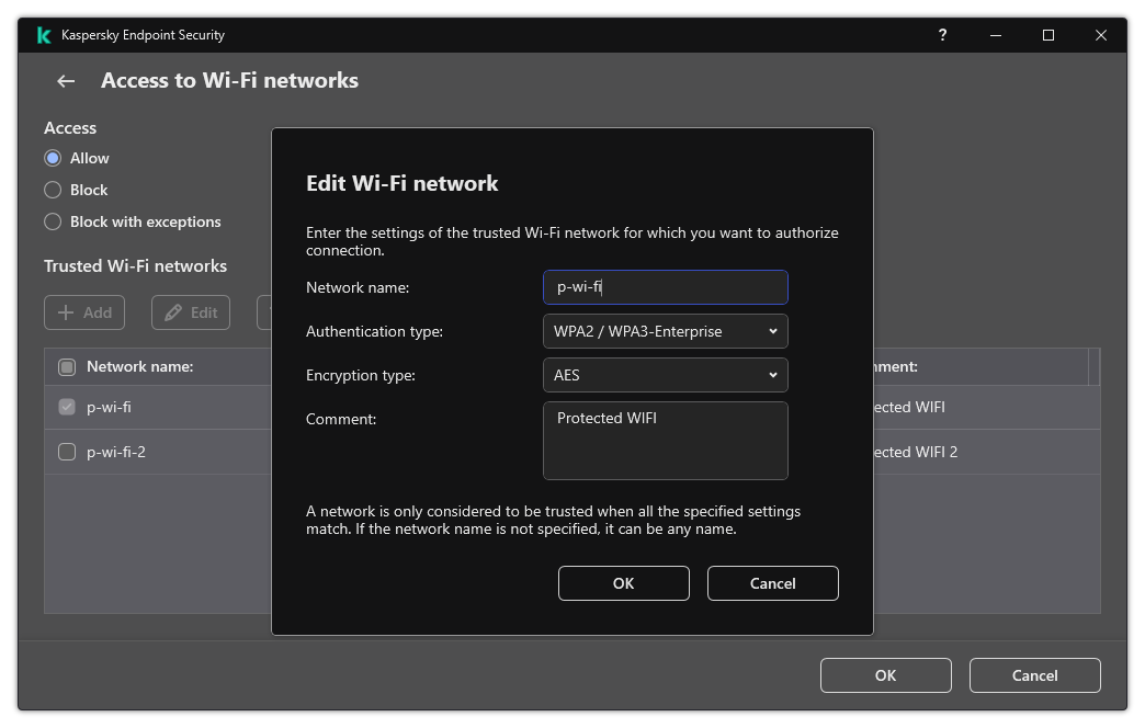 The window contains the settings of the trusted Wi-Fi network.