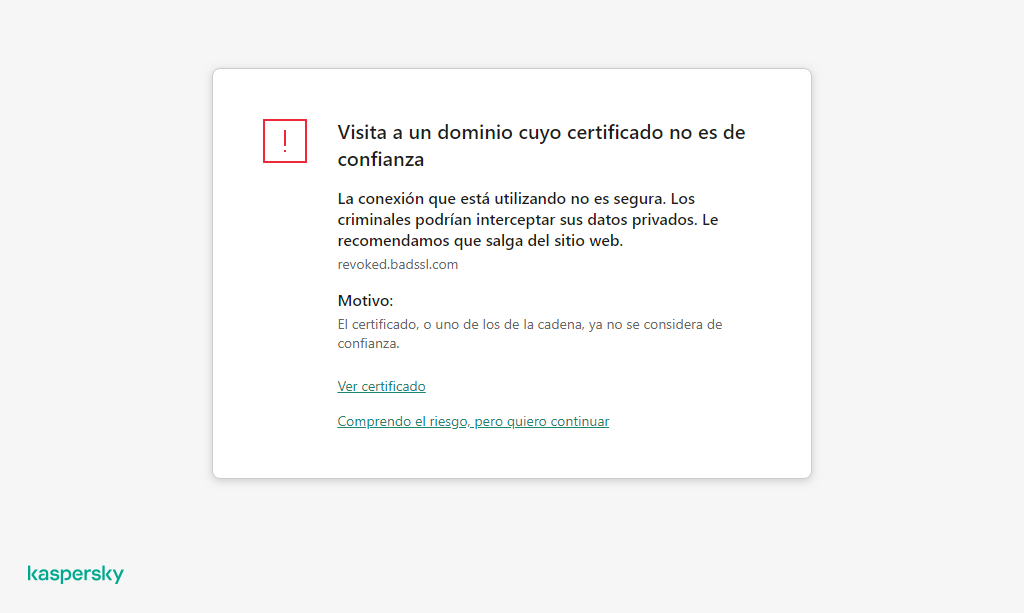 Notificación de Kaspersky sobre la visita a un dominio cuyo certificado no es de confianza en la ventana del navegador. El usuario puede seguir trabajando.