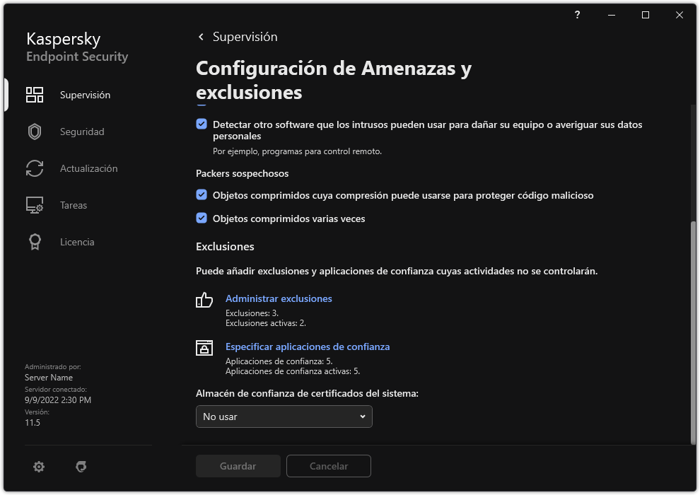 Ventana de configuración de exclusiones. El usuario puede añadir exclusiones y aplicaciones de confianza.