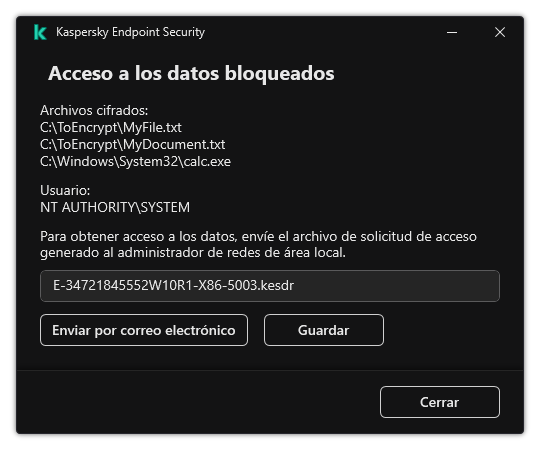 Una ventana con un archivo de solicitud para acceder a datos cifrados. El usuario puede guardar el archivo generado en el disco o enviarlo por correo electrónico.