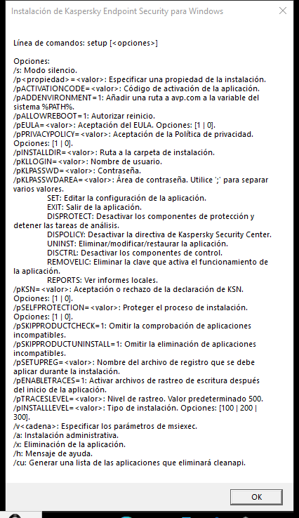 Ventana de información sobre la herramienta que describe las opciones de comando para instalar la aplicación a través de CMD.