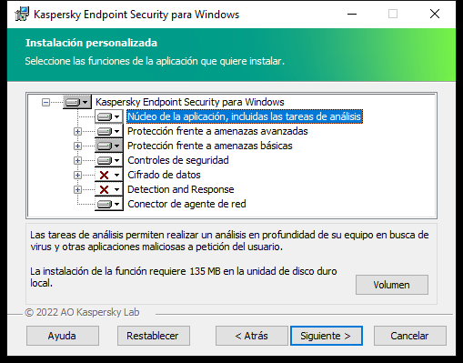Ventana del instalador con una lista de componentes que un usuario puede seleccionar.
