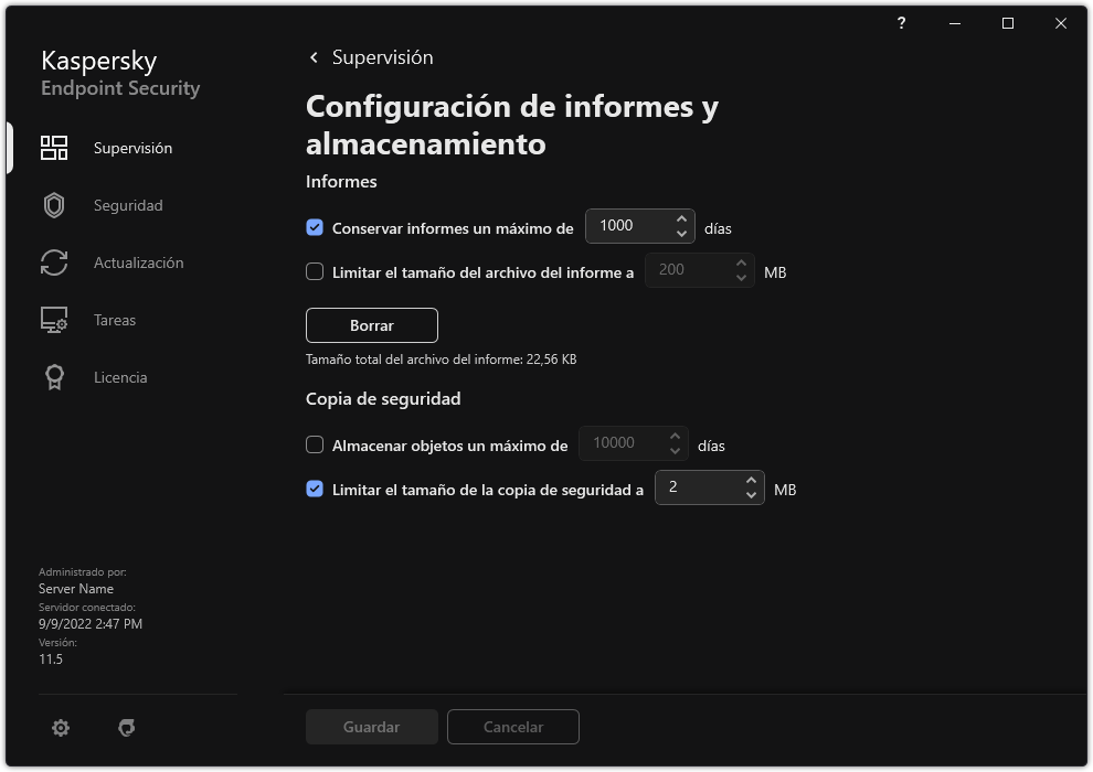 Ventana de configuración de informes y almacenamiento. El usuario puede establecer el tamaño y limitar el tiempo de almacenamiento de informes y objetos en el repositorio.