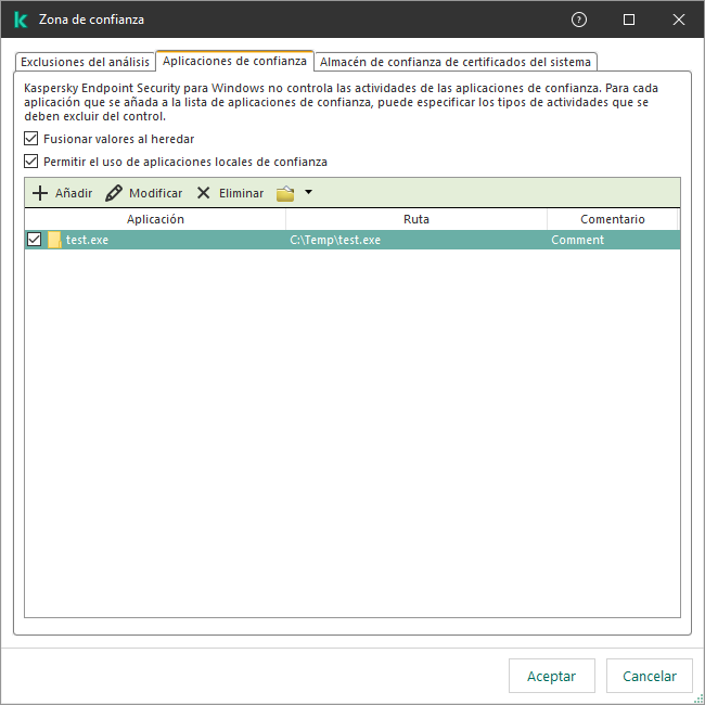 Una ventana con la lista de aplicaciones de confianza. El usuario puede agregar, editar o eliminar una aplicación de confianza.