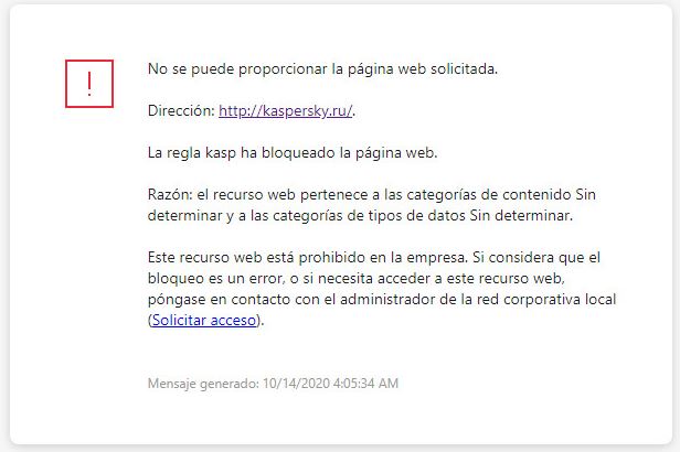 Notificación de Kaspersky sobre el bloqueo del acceso a la página web en la ventana del navegador. El usuario puede crear una solicitud para acceder al recurso web.