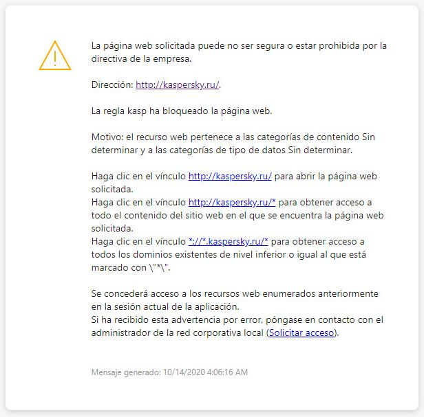 Notificación de Kaspersky sobre la visita a una página web potencialmente no segura en la ventana del navegador. El usuario puede crear una solicitud para acceder al recurso web.