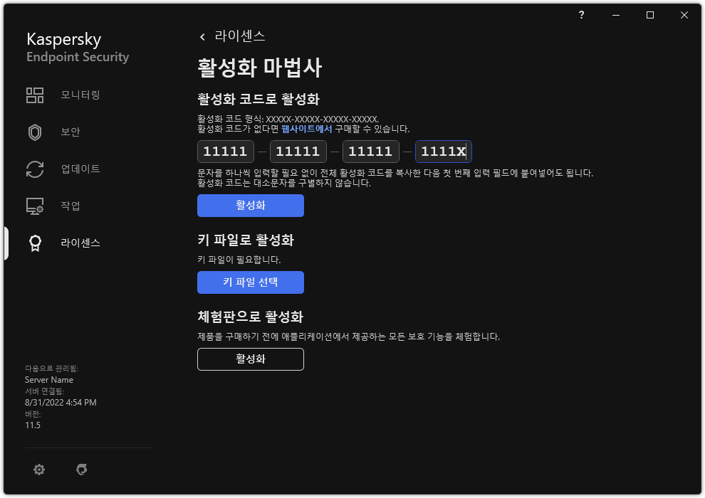 애플리케이션 활성화 도구가 있는 창. 활성화 코드를 입력하거나 키 파일을 선택할 수 있습니다.