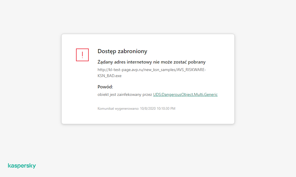 Powiadomienie firmy Kaspersky o zapobieganiu pobrania szkodliwego obiektu w oknie przeglądarki.