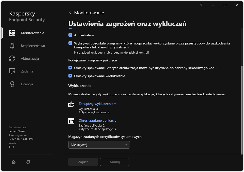Okno ustawień wykluczeń. Użytkownik może dodawać wykluczenia i zaufane aplikacje.
