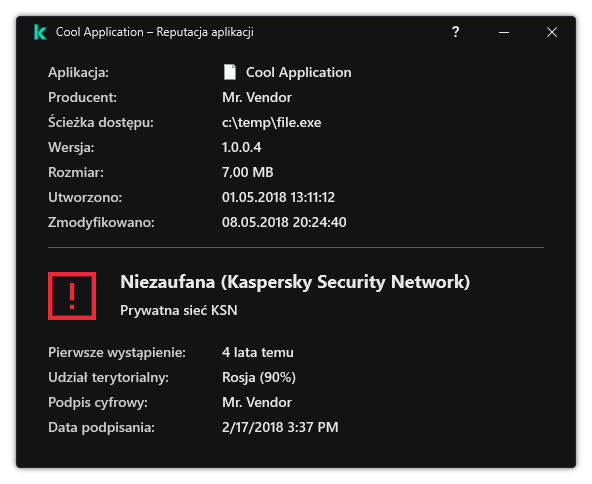 Okno zawiera informacje o reputacji pliku oraz inne dane, takie jak obecność podpisu cyfrowego.