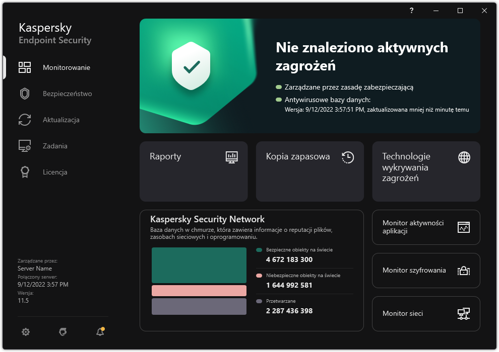 Okno główne aplikacji zawiera sekcje służące do monitorowania bezpieczeństwa komputera i kontroli aplikacji.