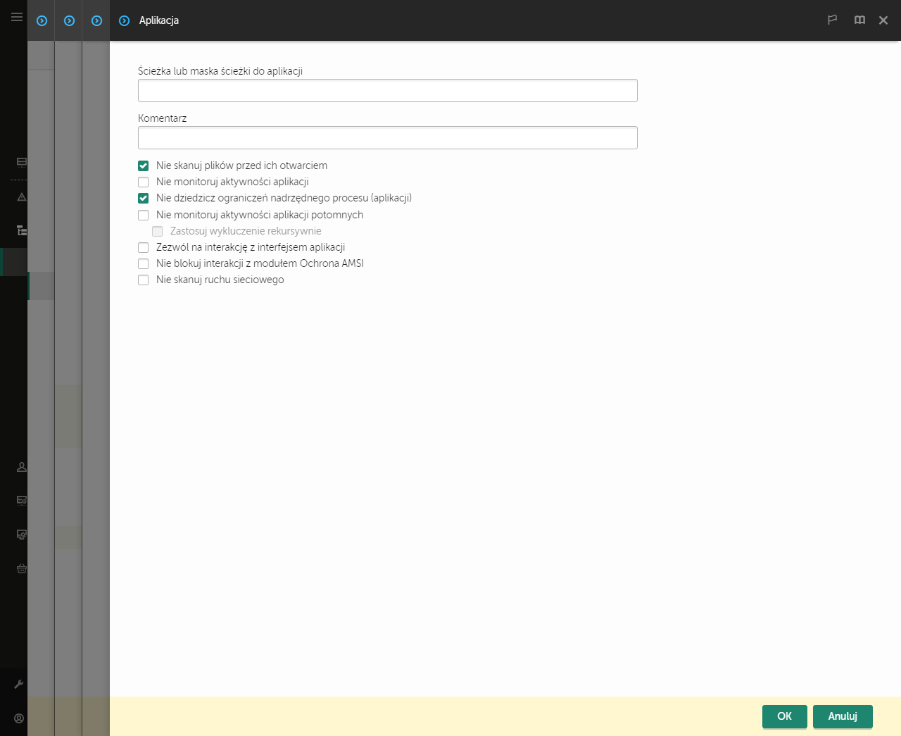 Okno z polem do wpisania ścieżki do zaufanej aplikacji. Można używać masek.