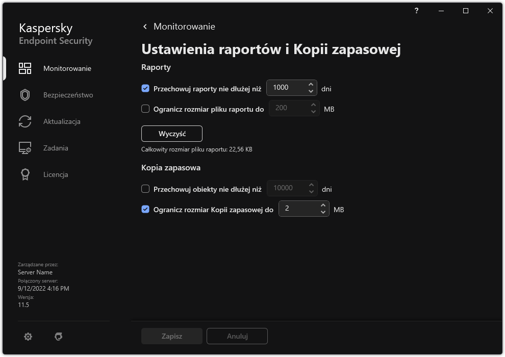 Okno ustawień Raportów i Kopii zapasowej. Użytkownik może ustawić rozmiar i ograniczyć czas przechowywania raportów i obiektów w repozytorium.