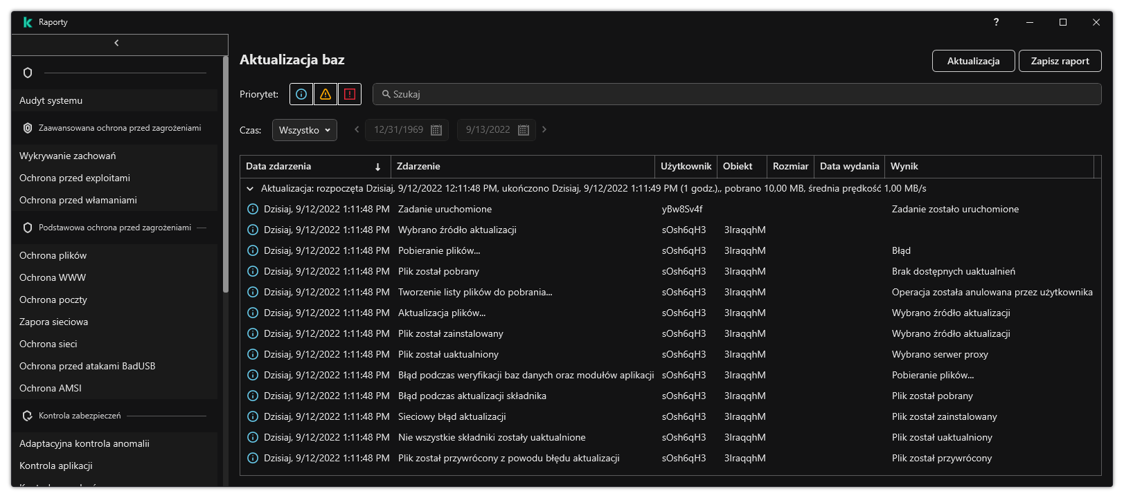 Okno z listą zdarzeń w raporcie. Użytkownik ma możliwość filtrowania/sortowania zdarzeń oraz zapisywania raportów do pliku.