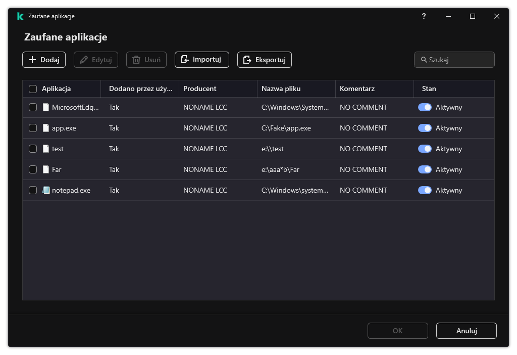 Okno z listą zaufanych aplikacji. Użytkownik może dodawać, edytować lub usuwać zaufaną aplikację.
