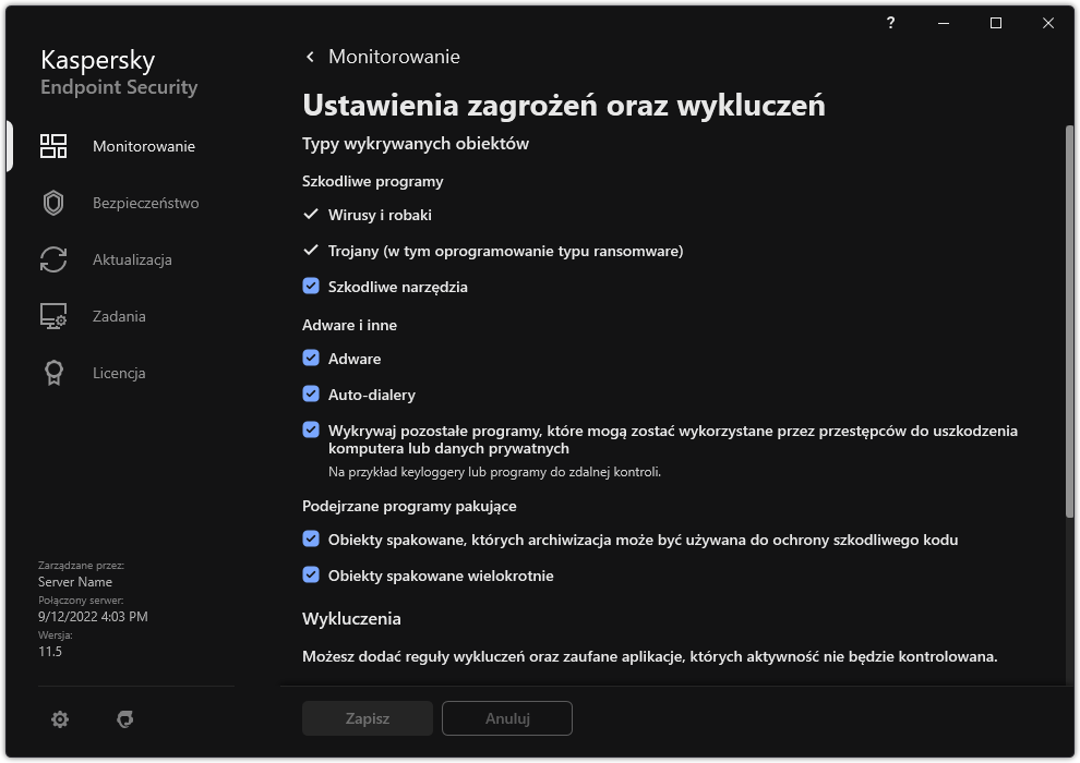 Okno ustawień wykluczeń. Użytkownik może wybrać typy wykrywanych obiektów oraz dodawać obiekty do wykluczeń.