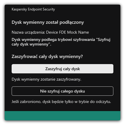 Powiadomienie o podłączonym dysku z włączonym szyfrowaniem plików. Użytkownik może zaszyfrować pliki lub odmówić.