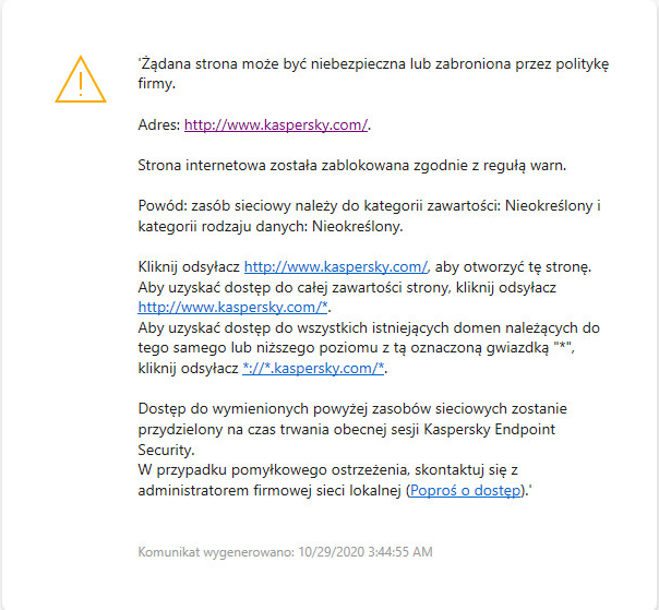 Powiadomienie firmy Kaspersky o odwiedzeniu potencjalnie niebezpiecznej strony internetowej w oknie przeglądarki. Użytkownik może utworzyć żądanie dostępu do zasobu internetowego.