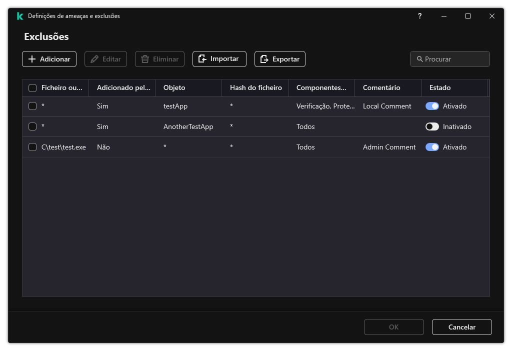 Uma janela com a lista de exclusões. As propriedades de exclusão são exibidas. O utilizador pode adicionar, editar ou eliminar exclusões.