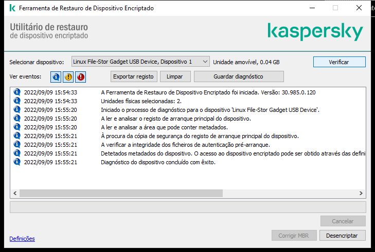 Uma janela com a lista de eventos do utilitário. O utilizador pode executar diagnósticos e desencriptar o dispositivo selecionado.