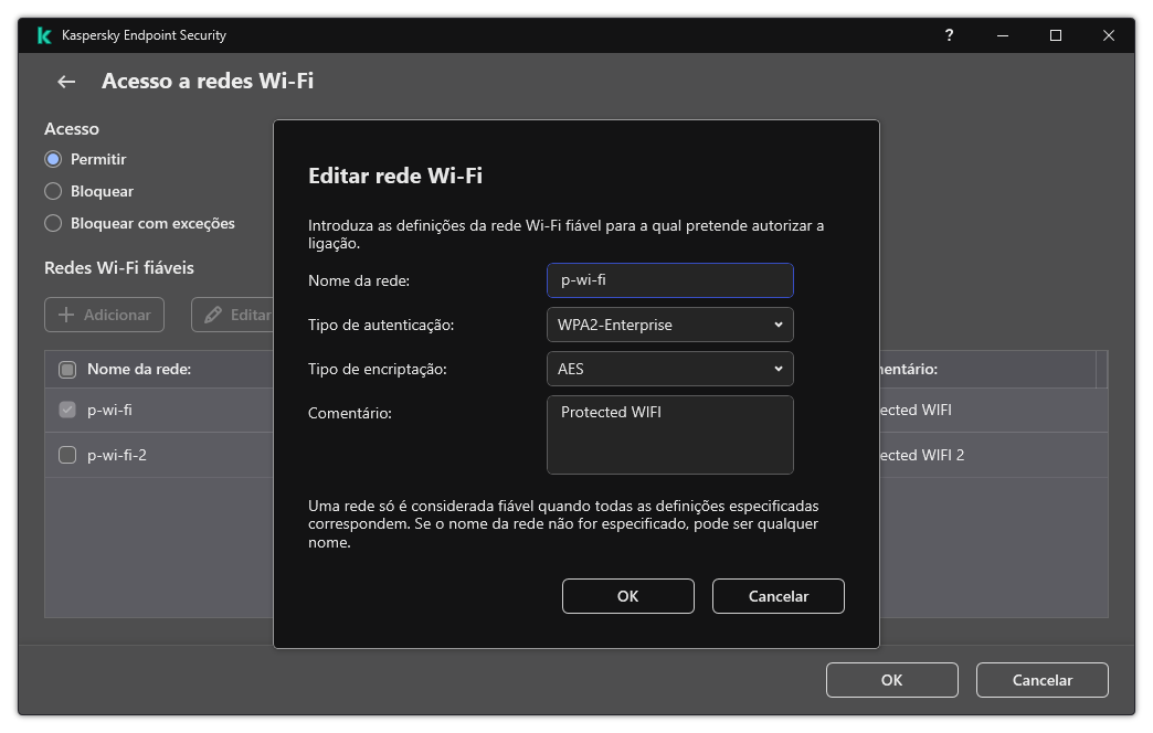 A janela contém as definições da rede Wi-Fi fiável.