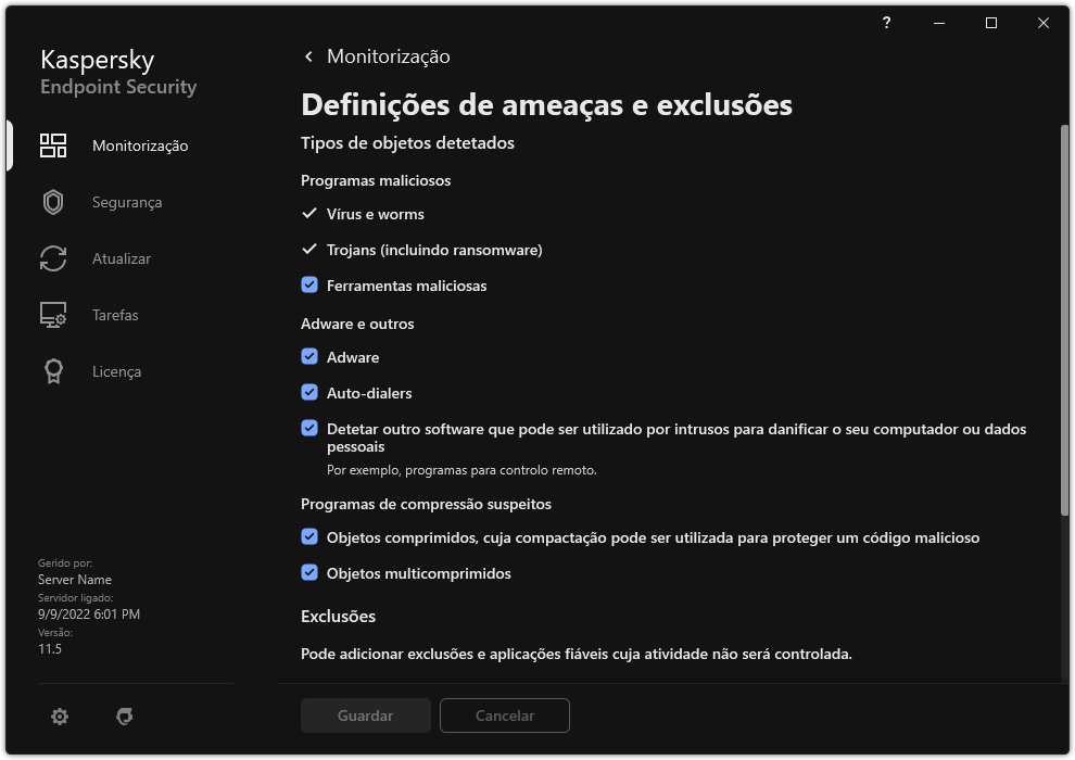 Janela de definições de exclusão. O utilizador pode selecionar tipos de objetos detetados e adicionar objetos às exclusões.