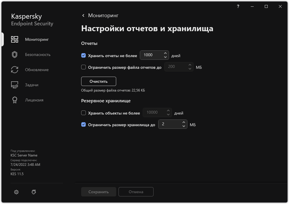 Окно настройки отчетов и хранилища. Пользователь может задать размер и срок хранения отчетов и объектов в хранилище.
