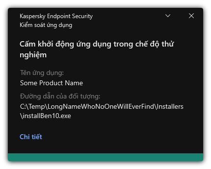 Thông báo về việc khởi động ứng dụng bị cấm trong chế độ thử nghiệm. Người dùng có thể xem thông tin chi tiết về quy tắc.