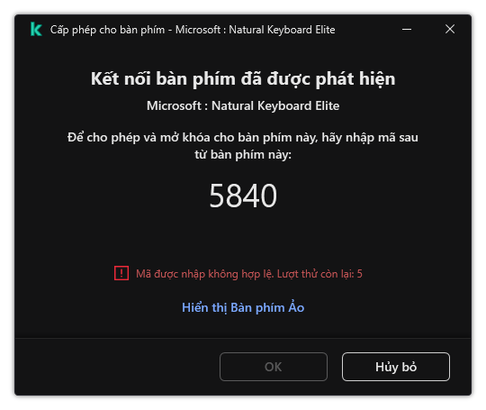 Cửa sổ chứa mã cho phép sử dụng bàn phím. Người dùng có thể kích hoạt bàn phím ảo và nhập mã.