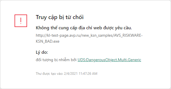 Thông báo của Kaspersky về việc ngăn đối tượng độc hại nạp vào trong cửa sổ trình duyệt.