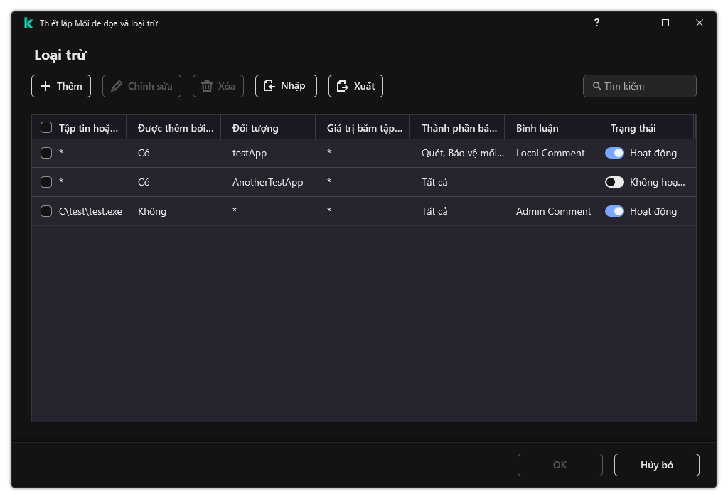 Một cửa sổ chứa danh sách loại trừ. Thuộc tính của loại trừ được hiển thị. Người dùng có thể thêm, chỉnh sửa hoặc xóa các loại trừ.