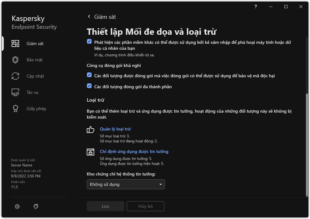 Cửa sổ thiết lập loại trừ. Người dùng có thể thêm các loại trừ và ứng dụng được tin tưởng.