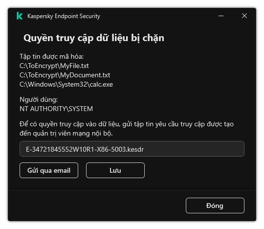 Một cửa sổ có tập tin yêu cầu truy cập dữ liệu được mã hóa. Người dùng có thể lưu tập tin đã tạo vào đĩa hoặc gửi tập tin qua email.