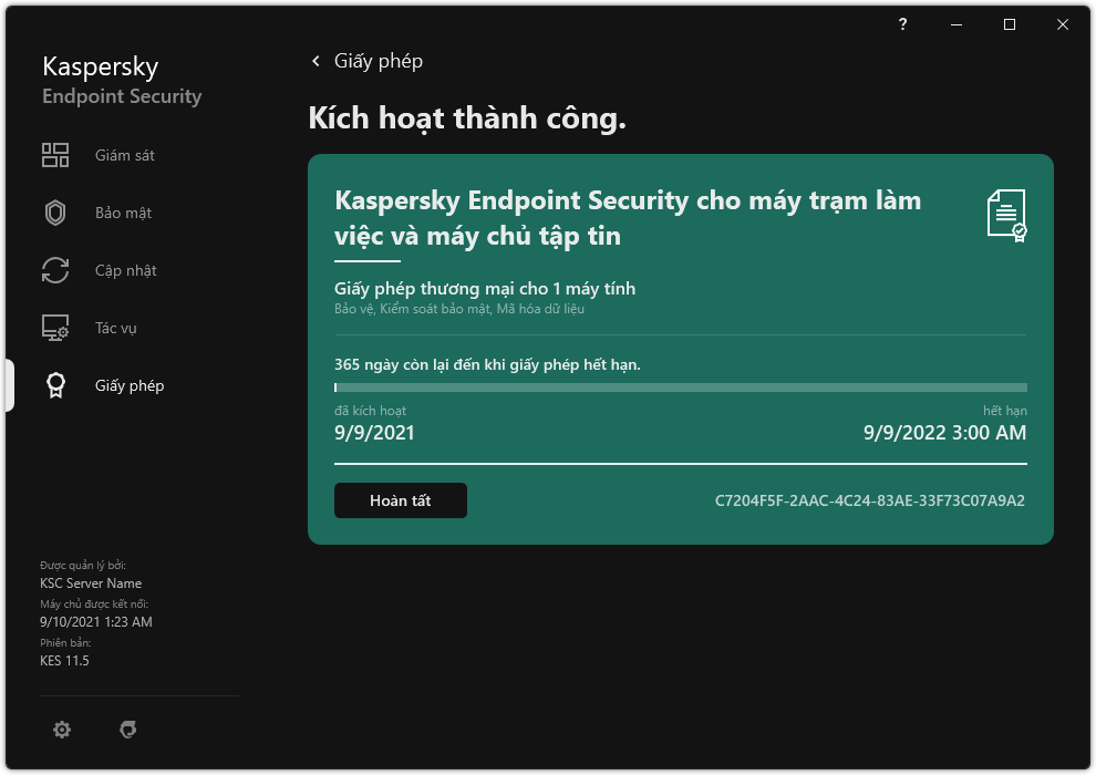 Cửa sổ chứa thông tin về giấy phép: ngày hết hạn, các chức năng khả dụng và các thông tin khác.