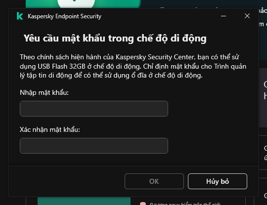 Cửa sổ chứa các trường để nhập và xác nhận mật khẩu.