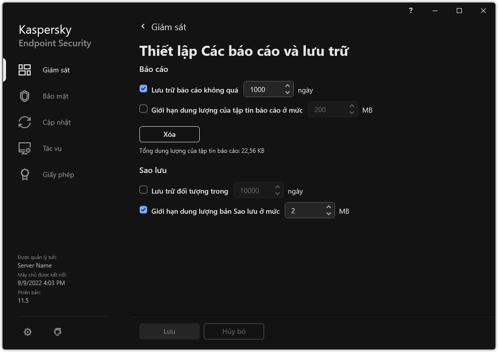Cửa sổ thiết lập Các báo cáo và lưu trữ. Người dùng có thể thiết lập kích thước và giới hạn thời gian lưu trữ các báo cáo, đối tượng trong kho.