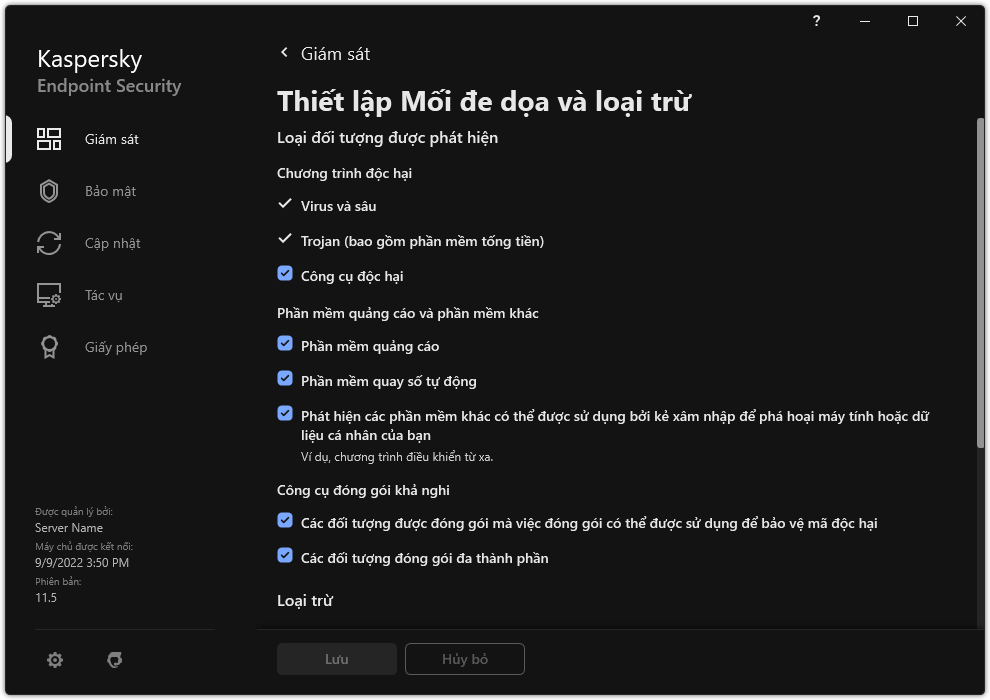 Cửa sổ thiết lập loại trừ. Người dùng có thể chọn loại đối tượng được phát hiện và thêm đối tượng vào mục loại trừ.