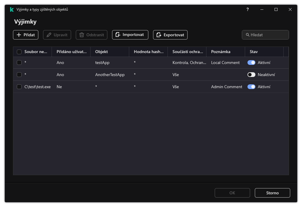 Okno se seznamem výjimek. Zobrazí se vlastnosti výjimky. Uživatel může přidávat, upravovat nebo odstraňovat výjimky.