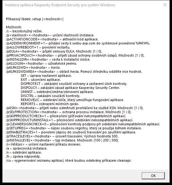 Okno s popisem popisující možnosti příkazu pro instalaci aplikace přes CMD.