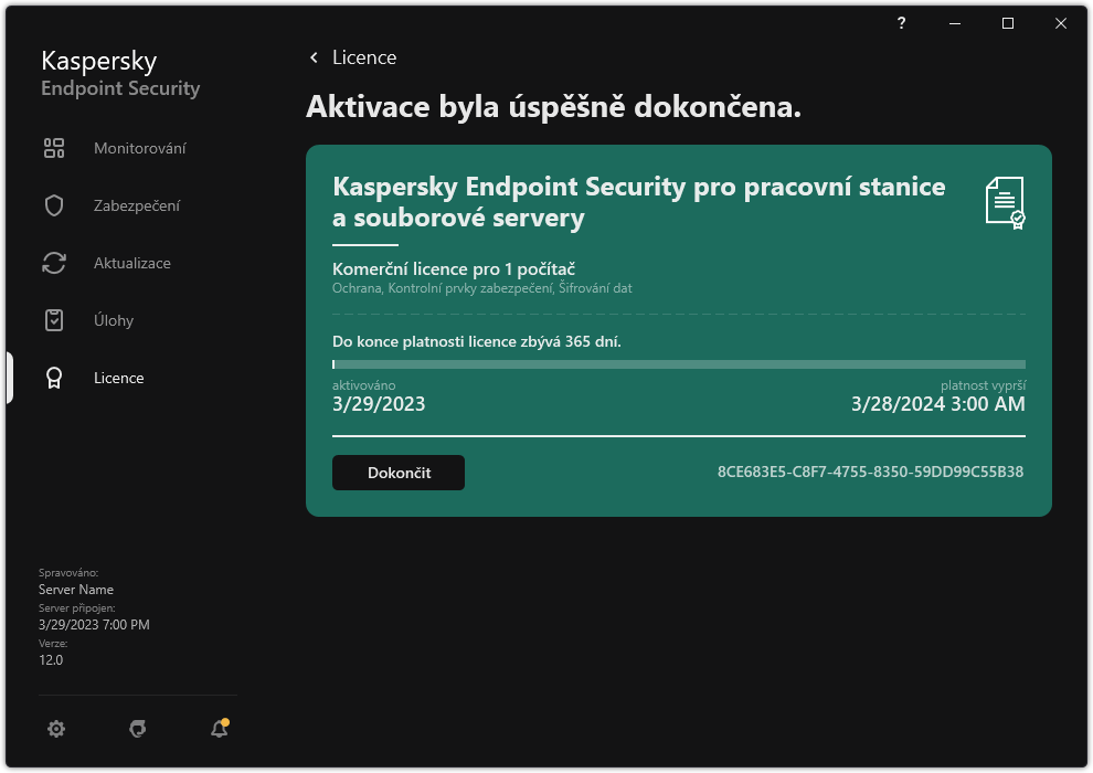 Okno obsahuje informace o licenci: datum vypršení platnosti, dostupné funkce a další informace.