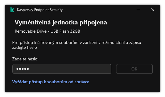 Okno obsahuje pole pro zadání hesla. Uživatel může vytvořit žádost o přístup k souboru.